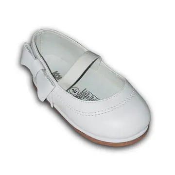 White leather baby shoe with a bow